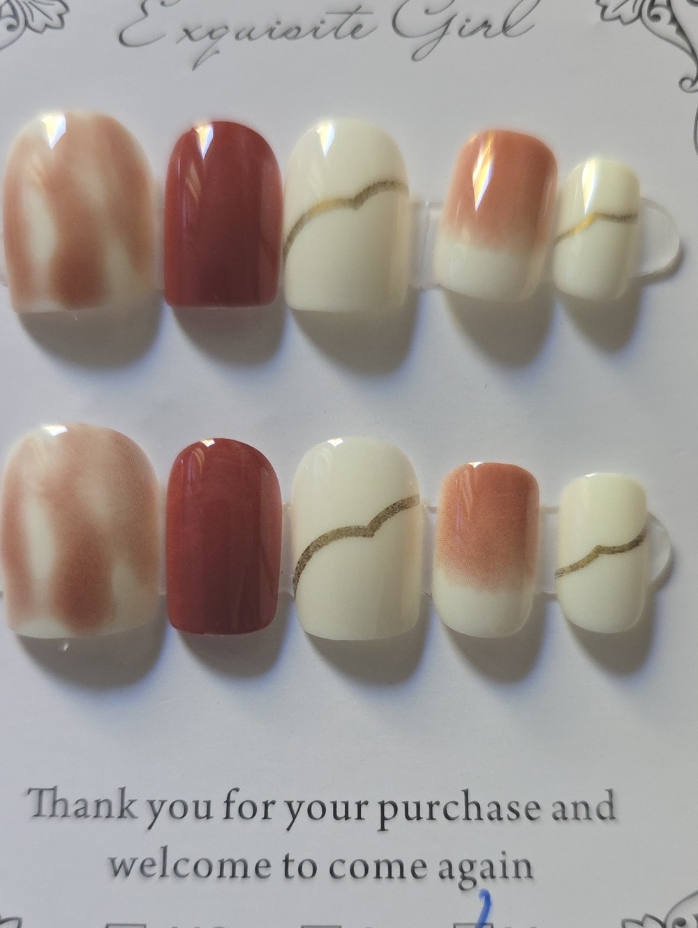 Beige & Rust Press-On Nail Set with Gold Accent Size Med